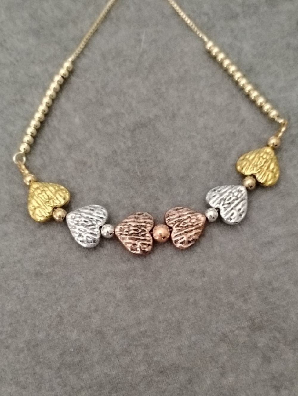 Hand Crafted Tricolored Textured Heart 14kt Adjustable Bracelet - Picture 2 of 4